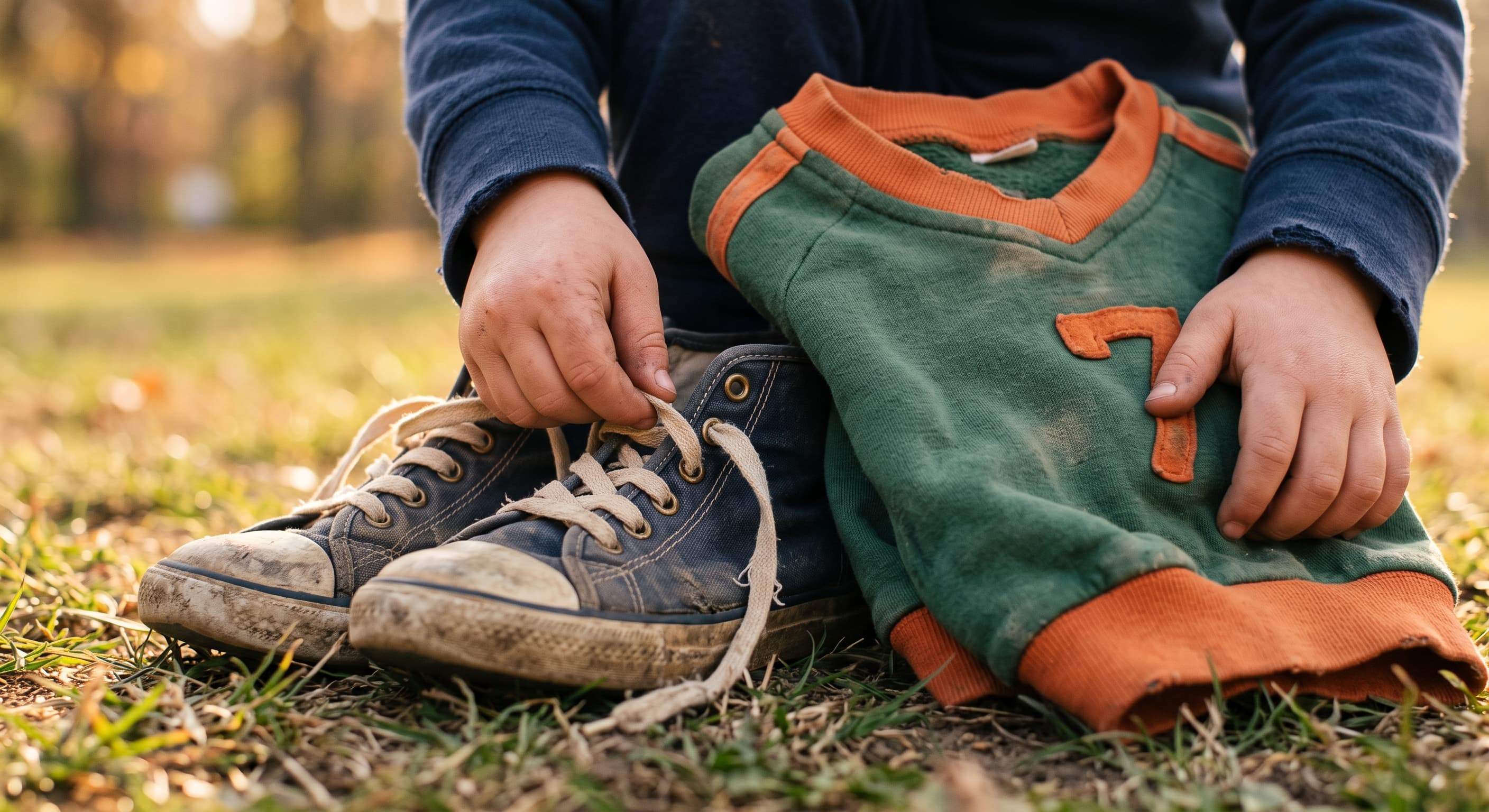 Kind bindet Sportschuhe neben einem gebrauchten Trikot