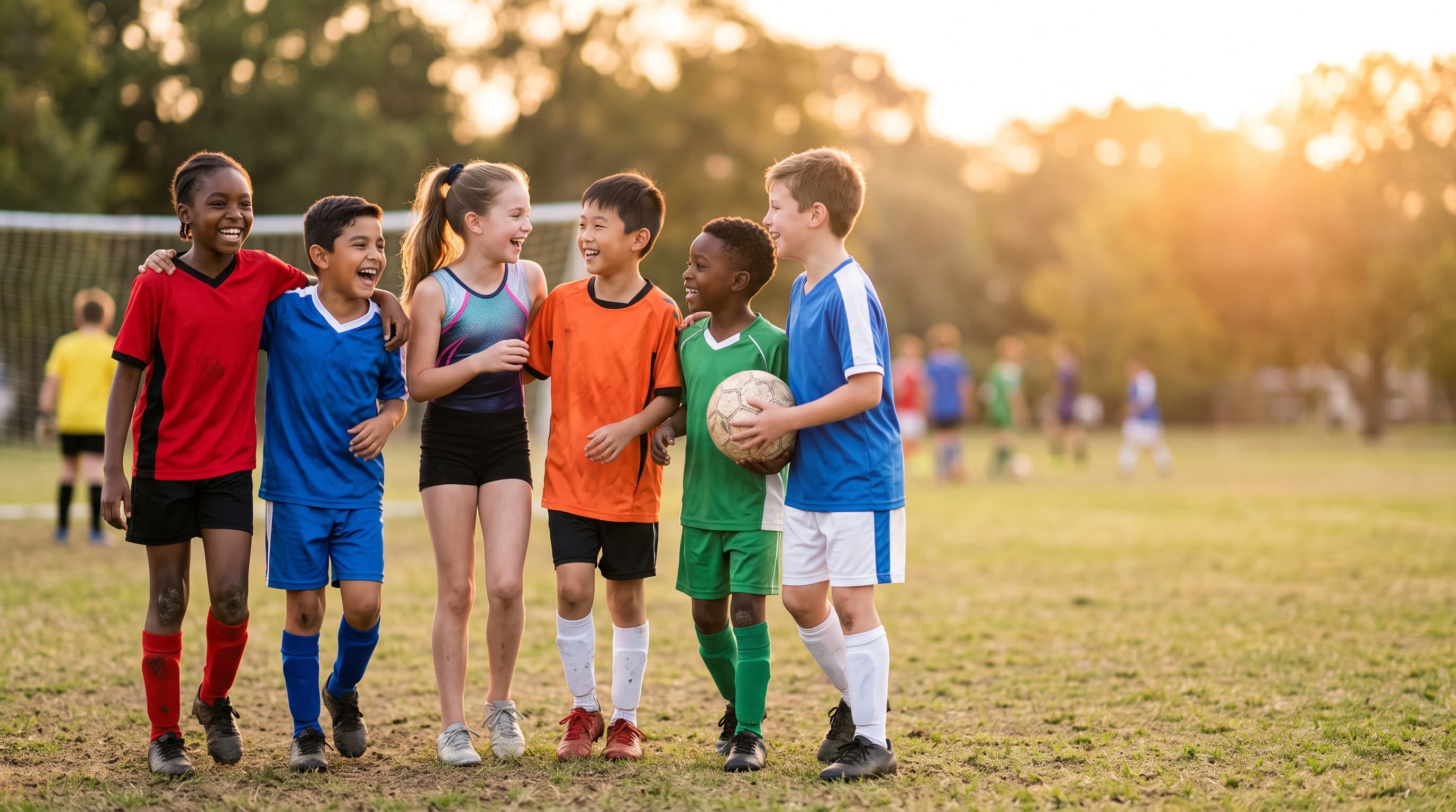 Kinder in verschiedenen Sportarten lachen zusammen